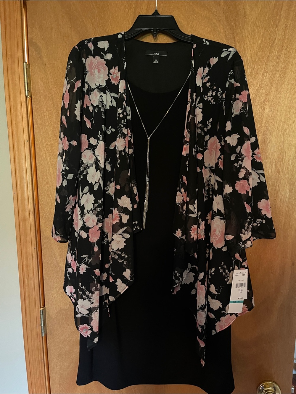 R&K Black Dress Floral Open-Front Sheer Shrug with Pink and White Blooms